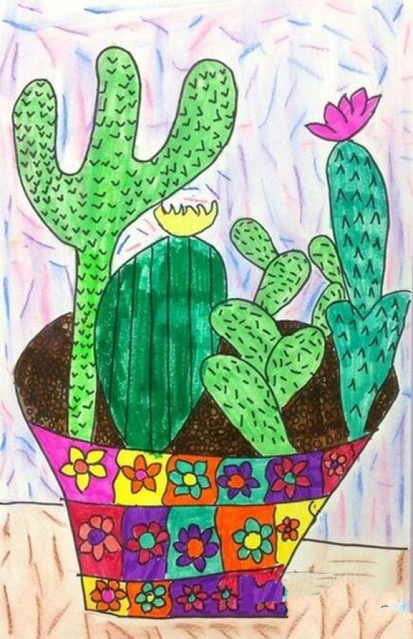 Appreciation of foreign watercolor paintings of a pot of cactus