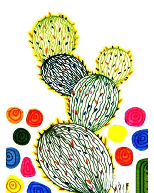 Childrens watercolor painting of plants, cactus