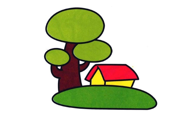 Simple drawing of cabin under tree