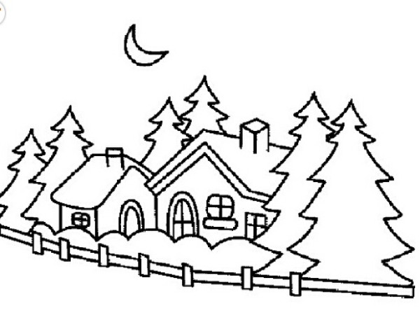 Childrens simple drawing of landscape castle in the forest