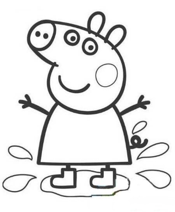 Childrens simple drawing pictures of Peppa Pig stepping in the mud pit