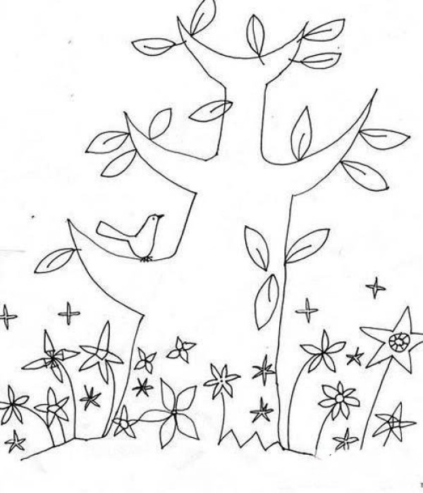 Simple drawing of big tree in spring