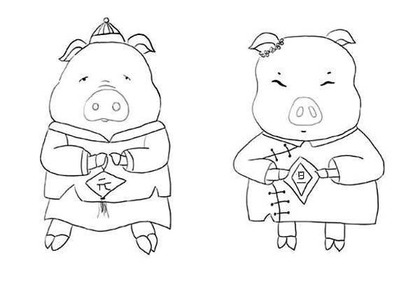 Simple drawing pictures for New Years Day in the Year of the Pig 2019: Two little pigs celebrate New Years Day