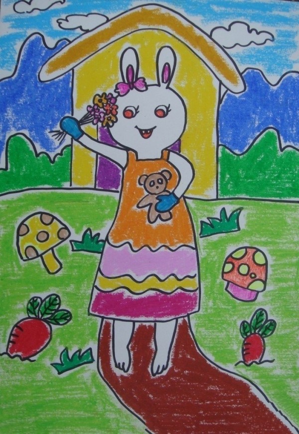 Childrens drawing about Womens Day-the gift prepared by the little rabbit