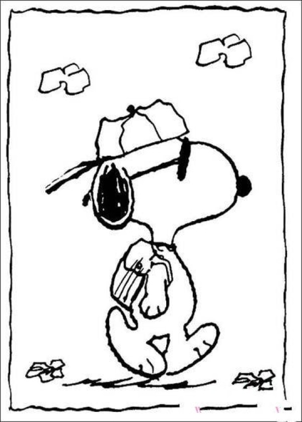 Childrens simple drawing picture of Snoopy carrying a schoolbag