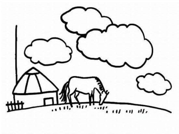 Childrens simple drawing pictures of scenery: Grassland Mongolian yurt