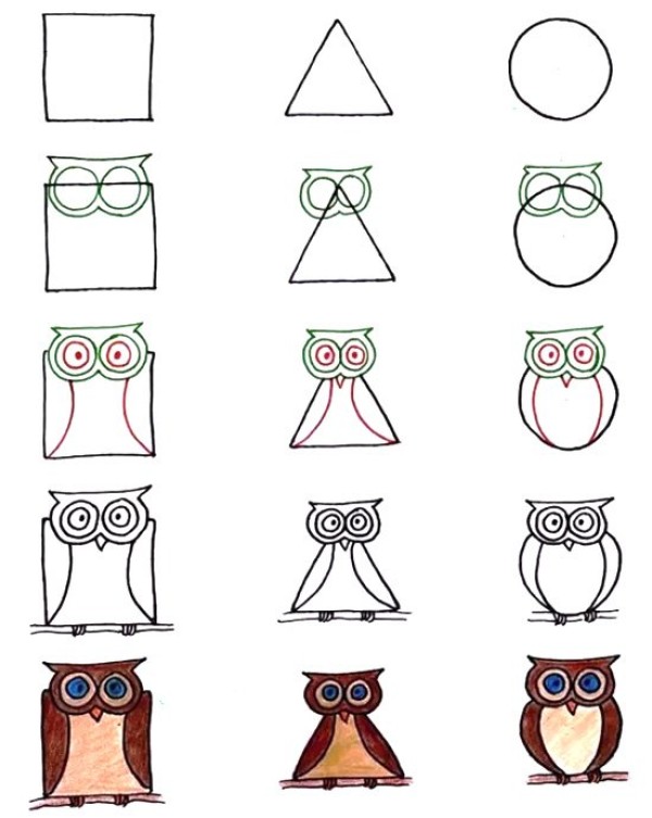 3 styles of simple owl drawings