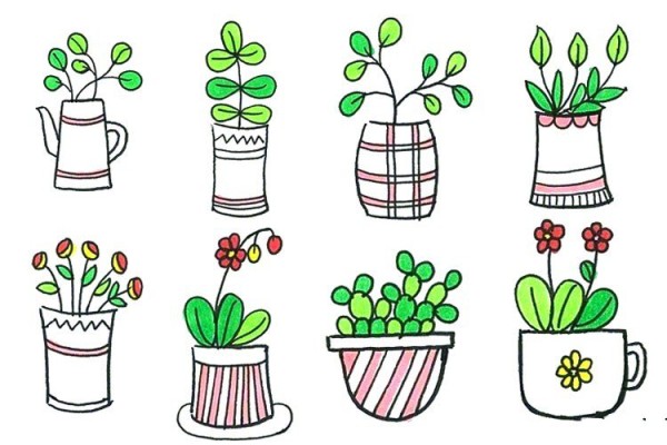 Hand drawn simple drawing of small potted plants