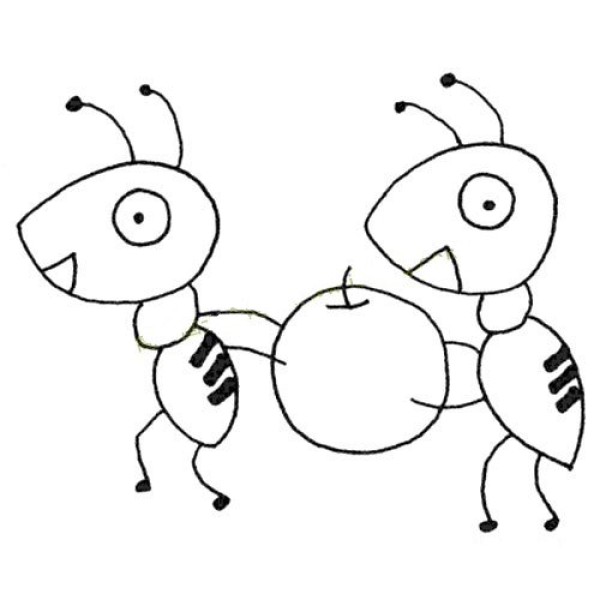 Two ants carrying an apple