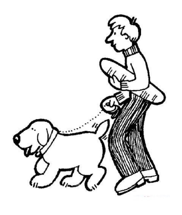 Simple drawing picture of the owner walking the dog