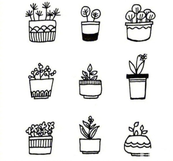 A complete collection of simple black and white sketches of potted plants