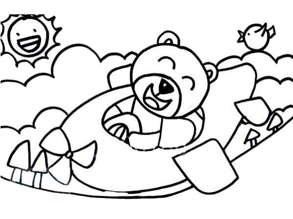 Simple drawing of little bear flying a plane