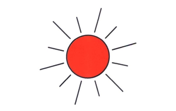 Step by step drawing of red sun in simple strokes