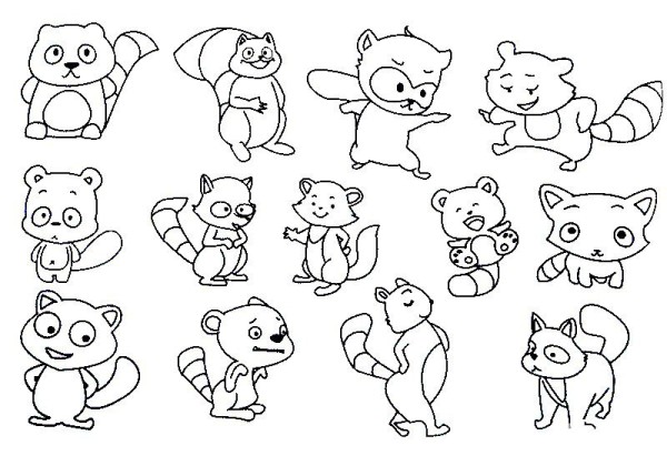 Complete collection of raccoon simple strokes and drawing steps