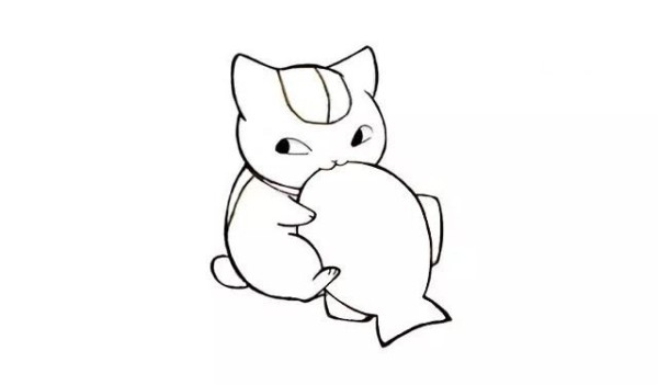 Draw a simple drawing of a kitten eating fish