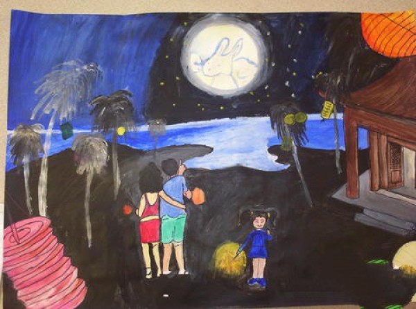 A collection of childrens drawings to celebrate the Mid-Autumn Festival - admiring the moon with the whole family