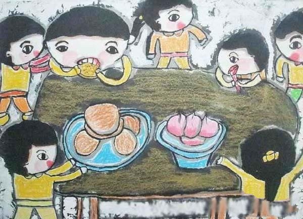 Childrens Mid-Autumn Festival childrens ink paintings: children eating moon cakes