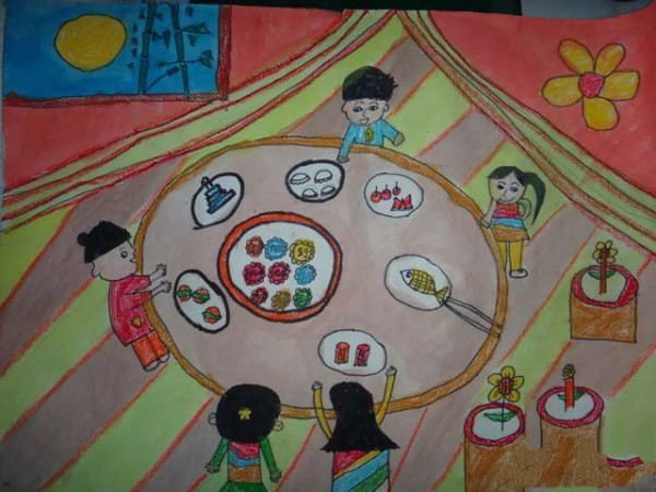 Creative childrens paintings for Mid-Autumn Festival-Mid-Autumn Festival reunion dinner