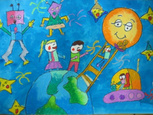 Childrens Mid-Autumn Festival childrens drawing-we give mooncakes to the moon