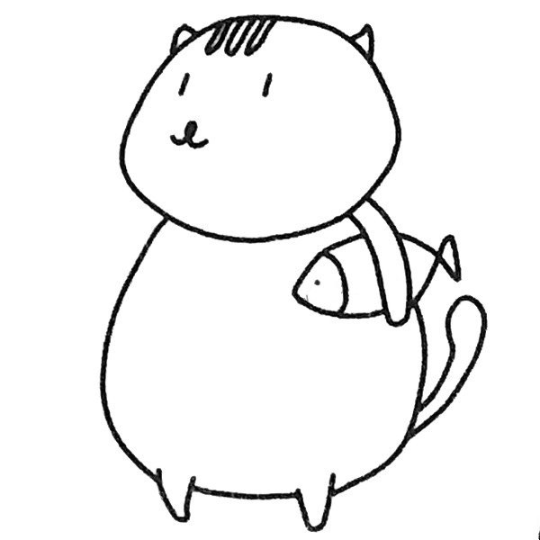 Simple drawing picture of little fat cat holding fish