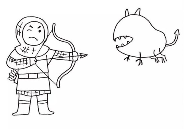 Draw a warrior fighting a flying monster