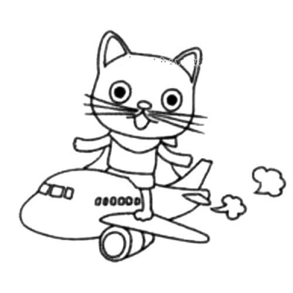 Simple drawing tutorial of a kitten flying on a plane