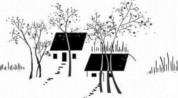 Several simple drawing pictures of village buildings