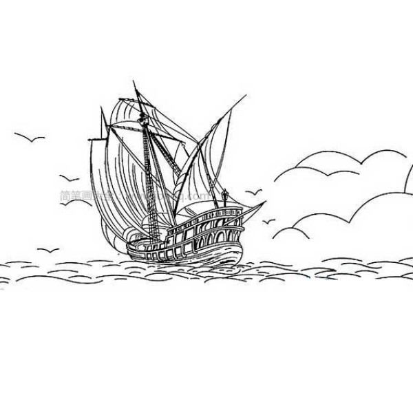 Simple drawing of sailing boat on the sea