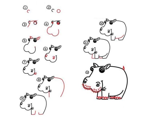 Simple drawing tutorial, simple drawing steps of hippopotamus