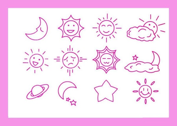 Simple strokes of sun, moon and stars