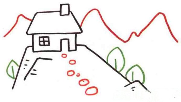 Children learn to draw the house on the top of the mountain