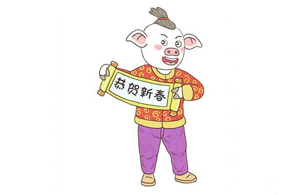 4 simple drawing pictures of piglets celebrating the New Year