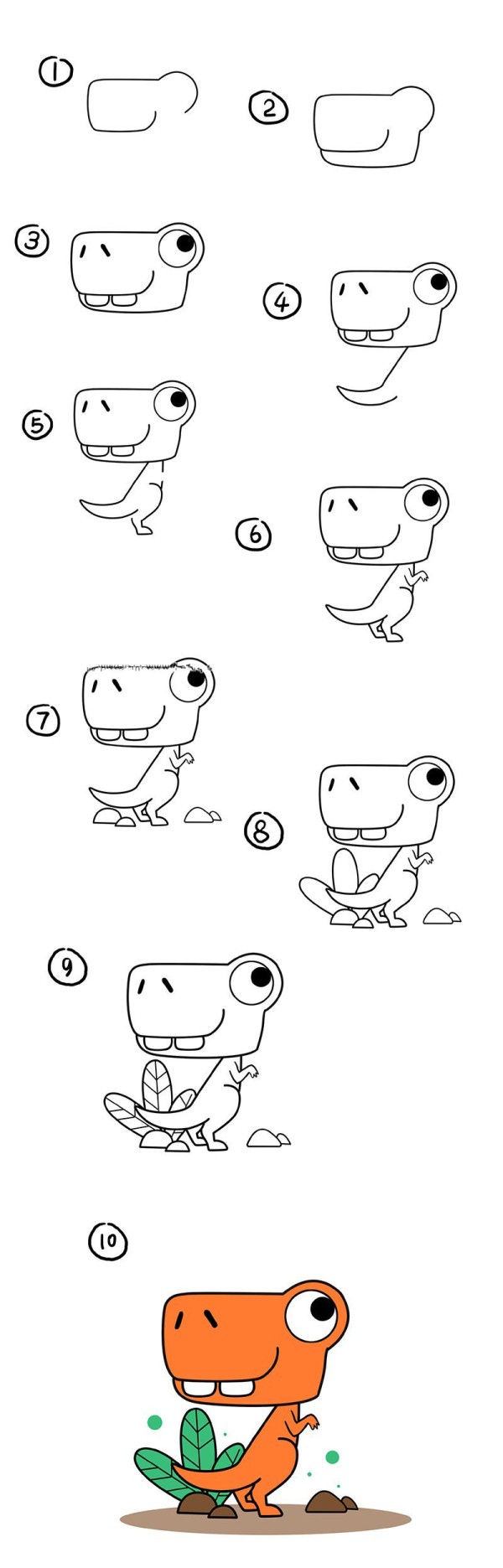 Step by step drawing of little dinosaur in the forest