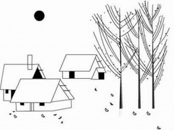 Several simple drawing pictures of village buildings