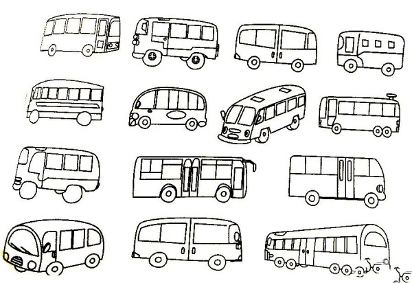 Complete collection of simple drawings of buses and their drawing steps