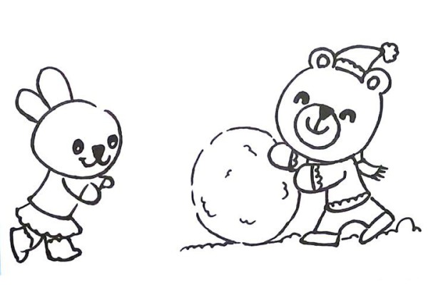 A simple drawing of a bear and a bunny rolling a ball