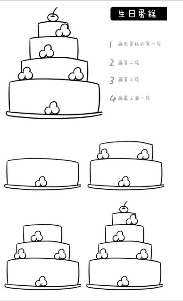 Simple drawings of various birthday cakes