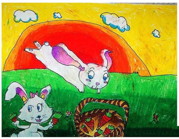 Sharing of the first grade animal scene painting of the little rabbit picking carrots