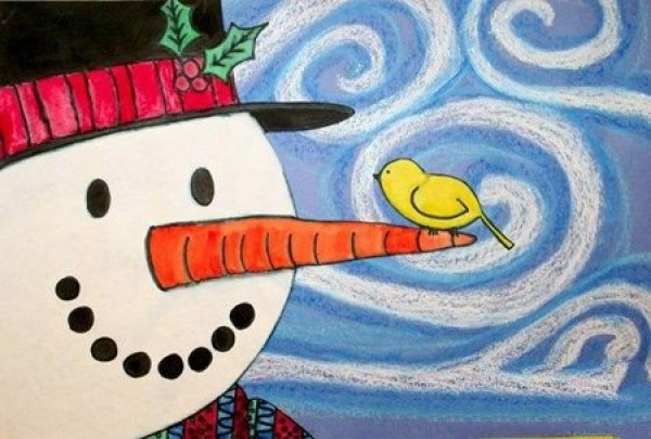 Watch the painting of a bird standing on the nose of a snowman online