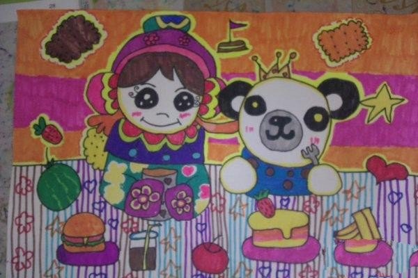 Childrens paintings of Mid-Autumn Festival moon appreciation - Little Bear and I admire the moon