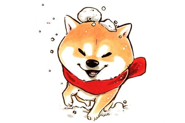 A set of simple drawing pictures of festive little dogs in winter red scarves in the New Year