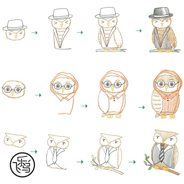 Step-by-step drawing of 3 kinds of owl cartoon images