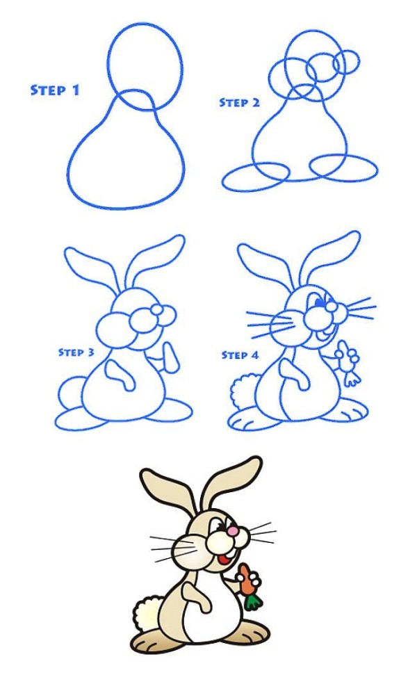 Simple drawing tutorial: Step by step drawing of a rabbit eating carrots