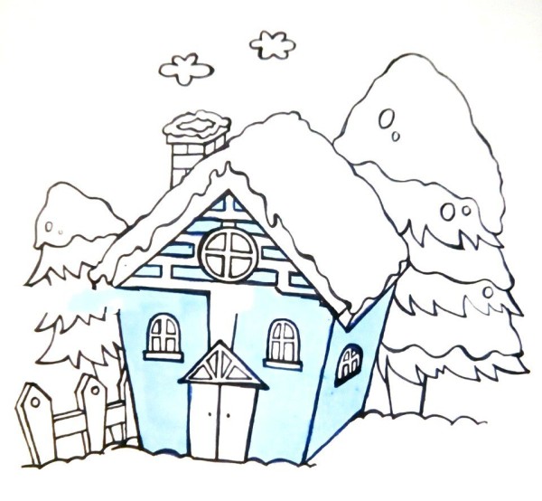 Draw a beautiful cabin in the snow