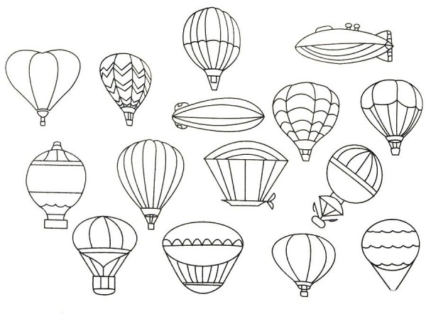 A complete collection of hot air balloon simple strokes and drawing steps