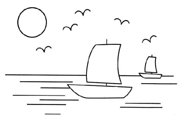 Simple drawing picture of sailing boat and sea