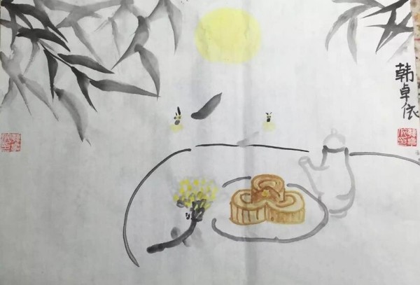 Appreciating the moon and eating moon cakes Mid-Autumn Festival traditional Chinese painting