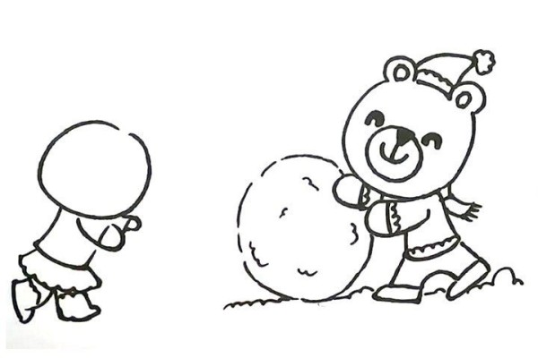 A simple drawing of a bear and a bunny rolling a ball