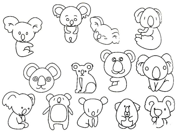 Complete collection of simple drawings of koalas and drawing steps