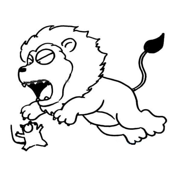 Simple drawing of a lion catching a mouse